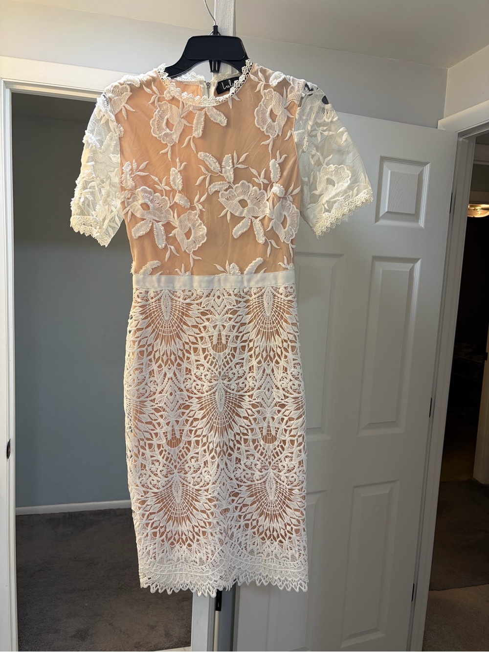Lulu's White Lace Midi Dress with Nude Lining